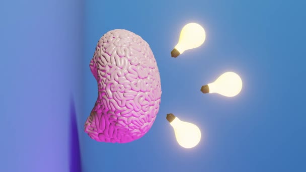 Human brain glowing light bulb neon vertical 3d animation. Creative idea Artificial intelligence Positive thinking emotion Mental health. Memory improvement Mindfulness Education Cognitive development - Footage, Video