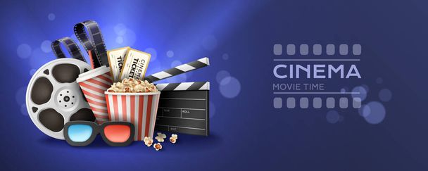 Réaliste horizontal affiche de temps de film de cinéma avec des lunettes 3D snacks billets clapper bobine sur fond bleu avec illustration vectorielle bokeh - Vecteur, image