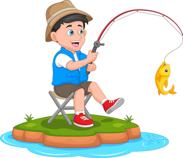 мальчик рыбалка мультфильм на белом фоне - Вектор,изображение