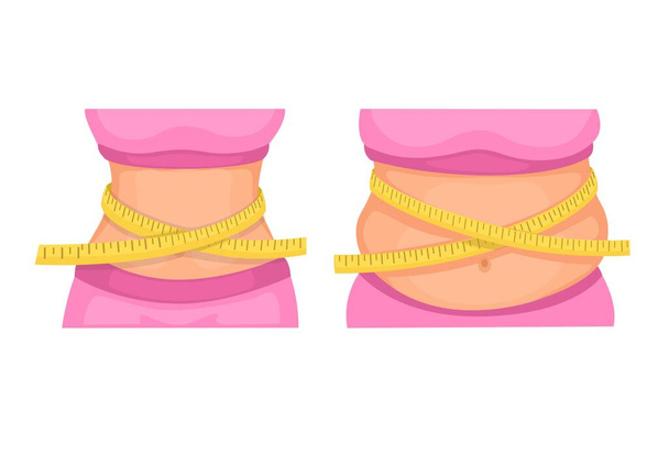 Γυναίκα κοιλιά λεπτή και λίπος σύγκριση με κορδέλα χάρακα εικονογράφηση διάνυσμα - Διάνυσμα, εικόνα