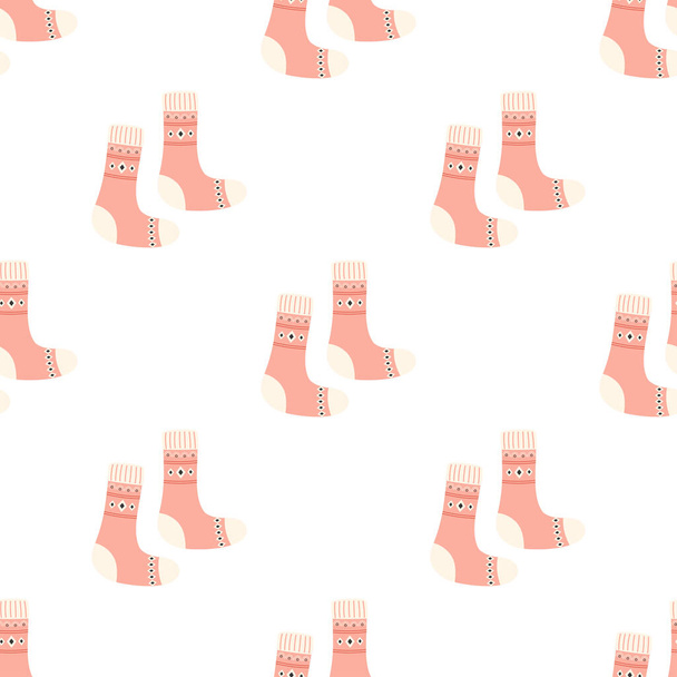 autumn vector seamless pattern with cute colorful socks on white, cute winter and autumn holidays hygge textile design in scandinavian style - Вектор, зображення