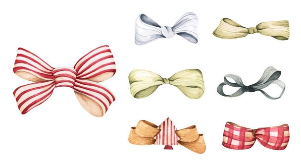 Set of decorative Christmas bows. Isolated on white background. Watercolor winter holidays. Greeting card, invitation in classic style. - Photo, Image