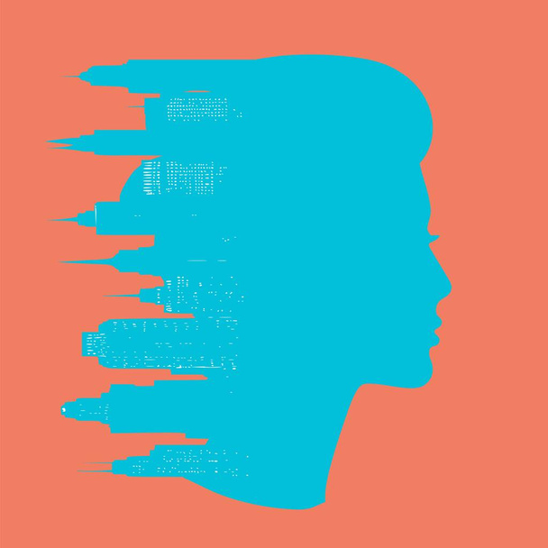 Women s Profile and the City - Double Exposure - Vector, Image