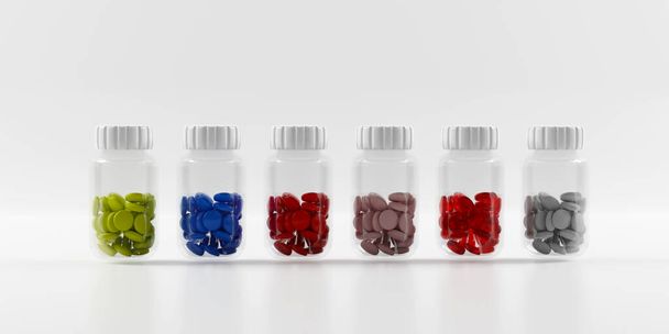 Πλαστικά μπουκάλια γεμάτα με χρωματιστά χάπια σε λευκό φόντο.3d καθιστούν - Φωτογραφία, εικόνα