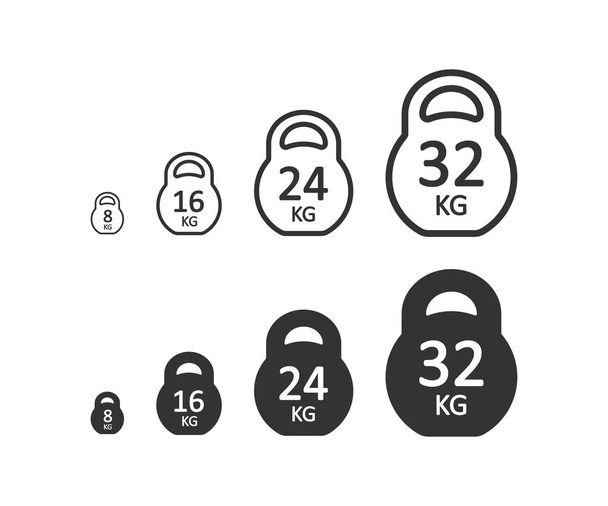 Icono de kettlebell deportivo. 8, 16, 24, 32 weitgh símbolo de ilustración. Señal vector gimnasio. - Vector, imagen