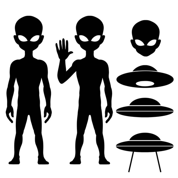 Alien és UFO ikon sziluett készlet, elszigetelt On White Háttér, Vektor illusztráció - Vektor, kép