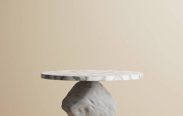 Натуральный мраморный стол опирается на каменное основание на абстрактной кремовой фоновой стене. Выставочная зона, студия или сцена для косметики и рекламы. 3D-рендеринг - Фото, изображение