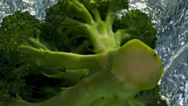 Delicioso agua salpicada de brócoli en primer plano fondo claro. Cabeza vegetal saludable cayendo en líquido transparente. Cocina de lavado de verduras orgánica de temporada para la nutrición fitness. Comida vegana cruda. - Foto, imagen