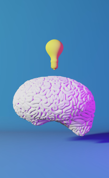 Menschliches Gehirn gelbe Glühbirne Neon Hintergrund 3D-Rendering. Kreative Idee Künstliche Intelligenz Positives Denken Emotionen Geistige Gesundheit Gedächtnisverbesserung Achtsamkeit Bildung Kognitive Entwicklung - Foto, Bild