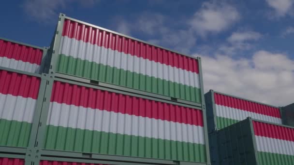 Unkarin lippukontit sijaitsevat konttiterminaalissa. Unkari viennin tai tuonnin käsite. - Materiaali, video