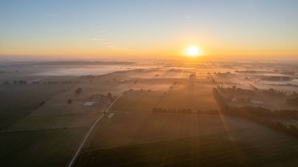 Letecký dron Snímek krásných zelených a žlutých zemědělských rostlin lemujících divoké lesy v Belgii, Evropa se zlatými paprsky slunce vytvářejícími kouzelnou pokrývku nad zelení - Fotografie, Obrázek