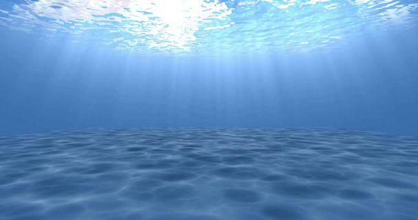 Des rayons de soleil brillants d'en haut pénètrent dans l'eau bleu clair profond. Effet caustique dans les fonds marins. Rayons de soleil sous l'eau. - Photo, image
