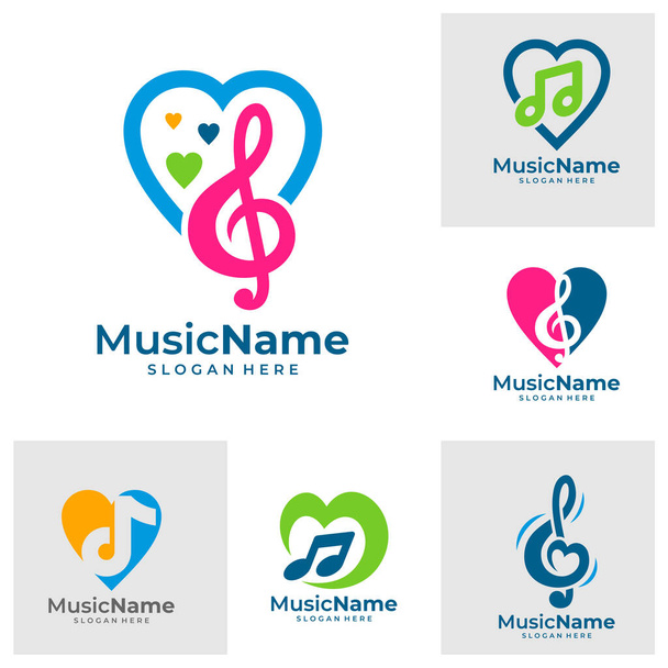 Set von Musik-Taste und Herz abstrakten handgezeichneten Vektor-Logo und -Symbol. Musikalische Thema flache Design-Vorlage. Isoliert auf dem weißen Hintergrund - Vektor, Bild