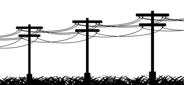 Tangent towers. High voltage pole, electric wires and telephone cable, wire line pylon, poles network. Broken electric pylons, power transmission line. Cartoon for socket, electricity cable and short circuit.  - Vector, Image