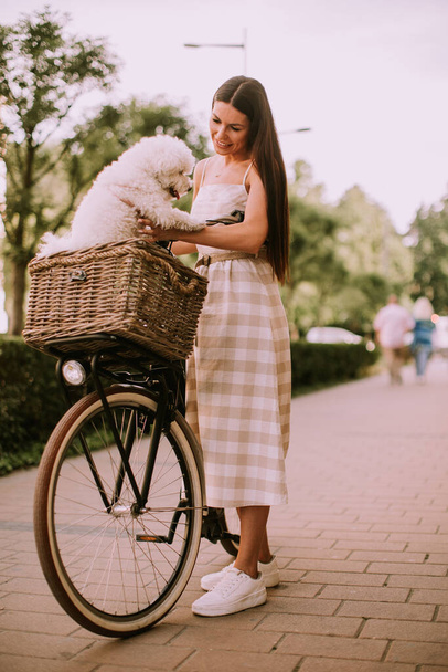 Hübsche junge Frau mit weißem Bichon-Frise-Hund im Korb des Elektrofahrrads - Foto, Bild