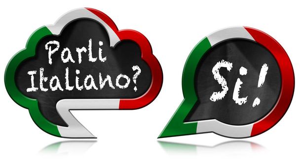 3D illusztráció két beszéd buborékok olasz zászló és kérdés Parli Italiano? és Si! Beszélsz olaszul? és igen!). Fehér alapon elszigetelve, tükröződéssel. - Fotó, kép