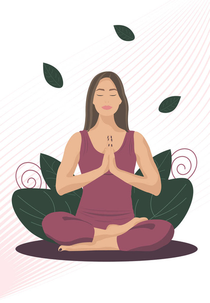 Young woman doing yoga. Girl sitting in the lotus position. Female sits with legs crossed and peaceful face. - Vector, Image