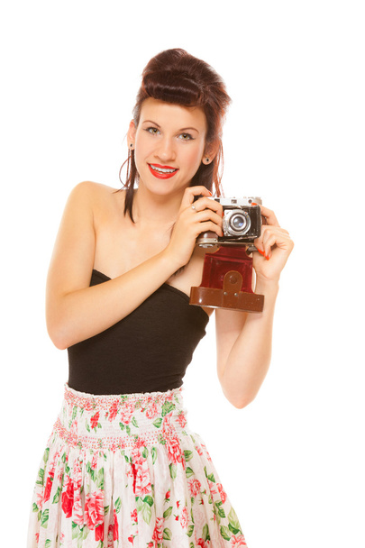 Girl holding old camera - Foto, afbeelding