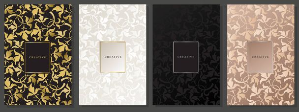 Luxury cover set with floral pattern. Elegant golden and glossy foliage on black, platinum and pink background.  - Vecteur, image