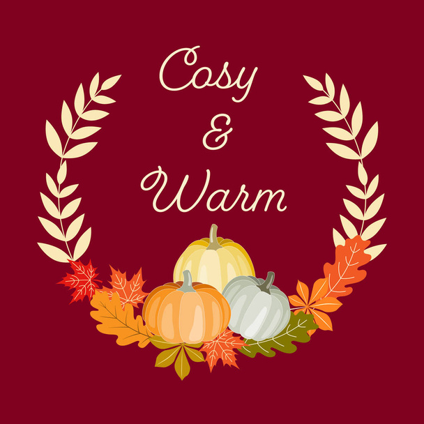 Illustration of pumpkins and leaves in warm Autumn colours. Isolated objects and editable text on Burgundy background. Thanksgiving celebration, cards design, scrapbooking. - Vektor, obrázek