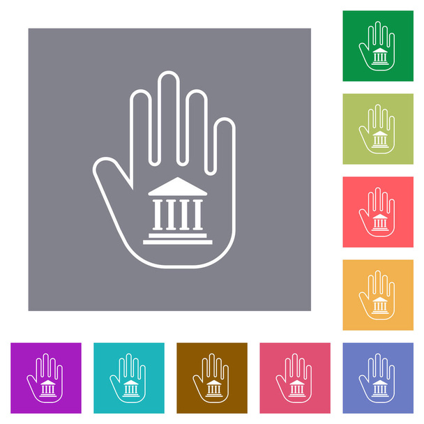 Знак банківської санкції у формі руки контур плоских іконок на простому кольоровому квадратному фоні
 - Вектор, зображення