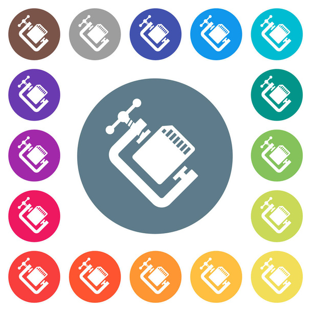 SD-Speicherkarte komprimiert feste flache weiße Symbole auf runden farbigen Hintergründen. 17 Farbvarianten im Hintergrund sind enthalten. - Vektor, Bild
