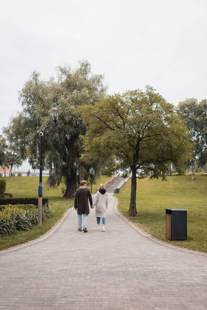 z tyłu widok szczęśliwy ruda mężczyzna i zadowolony młoda kobieta trzymając się za ręce podczas spaceru w parku  - Zdjęcie, obraz
