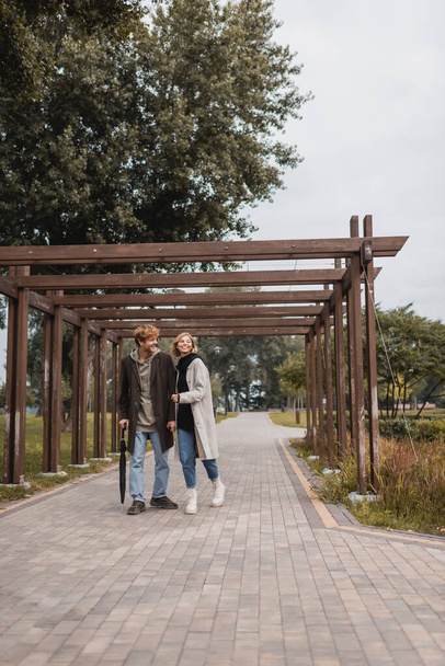 pełna długość szczęśliwej młodej pary w jesiennych płaszczach spacerujących pod wieloma łukami w parku - Zdjęcie, obraz
