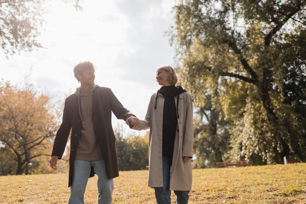 young and happy couple looking at each other while holding hands in autumnal park  - Foto, imagen
