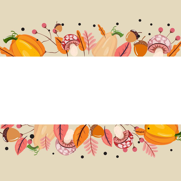 Autumn forest template with mushrooms, leaves, berries and pumpkin. Modern autumn lank rectangle template for banners, backgrounds, cards, voucher and advertisement. - Διάνυσμα, εικόνα