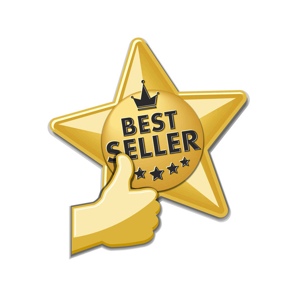 Publicidad etiqueta engomada estrella de oro best seller con el pulgar hacia arriba y corona. Ilustración, vector sobre fondo transparente - Vector, Imagen