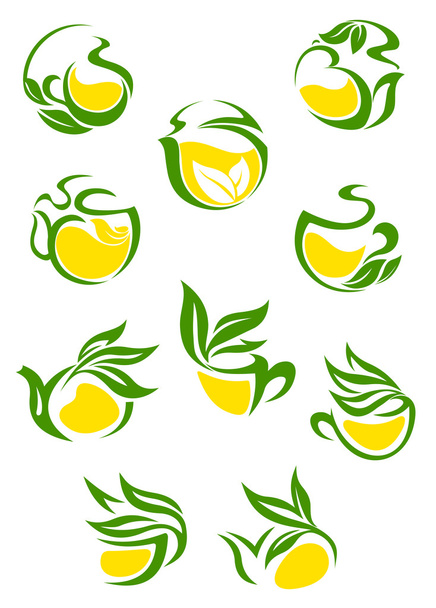 πράσινο ή φυτικό τσάι εικονίδια - Διάνυσμα, εικόνα