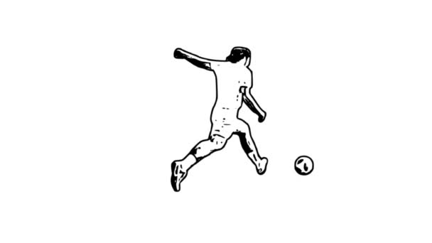 Jest to animowany zarys piłkarza kopiącego piłkę, na białym tle, z efektem pętli. Dodaj życie i odwołaj się do swojej twórczości wizualnej już dziś! Art Allure Animations: Where Art Allures In Motion - Materiał filmowy, wideo