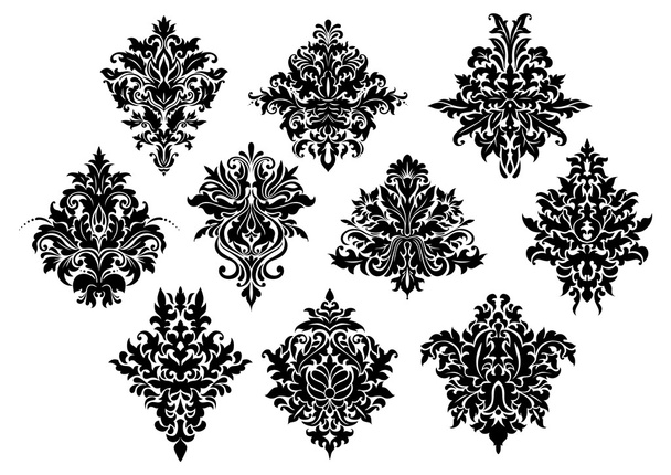 ダマスク織のスタイルの黒の華やかな花のモチーフ - ベクター画像