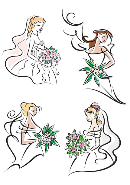花束と白いドレスの花嫁 - ベクター画像