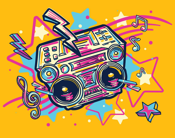 Music design - funky drawn colorful boom box tape recorder  - Вектор, зображення
