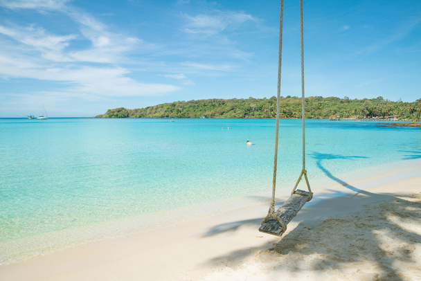 Swing hang van kokosnoot boom over strand - Foto, afbeelding