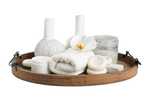 Beautiful spa composition with different care products isolated on white - Фото, изображение
