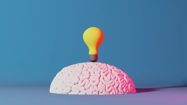 Человеческий мозг желтая лампочка неоновая задний фон 3D анимации. Творческая идея Искусственный интеллект Эмоции позитивного мышления Психическое здоровье. - Кадры, видео