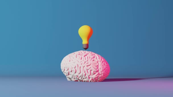Human brain yellow light bulb neon background 3d animation. Creative idea Artificial intelligence Positive thinking emotion Mental health.Memory improvement Mindfulness Education Cognitive development - Footage, Video