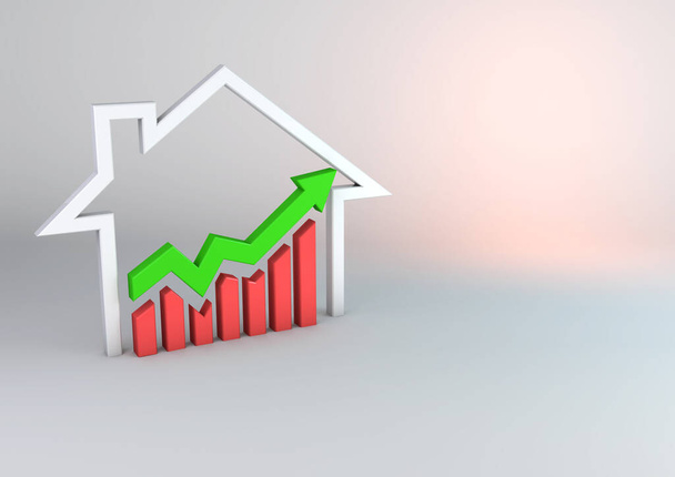 A 3D illustration of a graph, arrow and a house in finance - Photo, Image