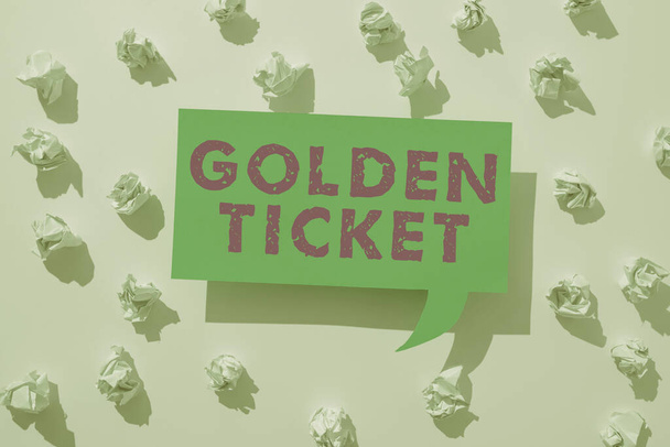 Text sign showing Golden Ticket, Business approach Rain Check Access VIP Passport Box Office Seat Event - Photo, Image