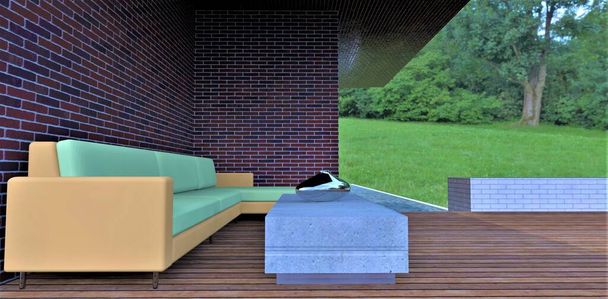 A cozy quiet place for a smoke break in a soft sofa and a comfortable table near a red brick wall overlooking a wonderful green park. Chrome-plated capacious ashtray on a table-top. 3d rendering. - Photo, Image