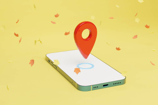 een smartphone met een gemarkeerde bestemming op een gele achtergrond waarop bladeren vliegen. 3D-weergave. - Foto, afbeelding