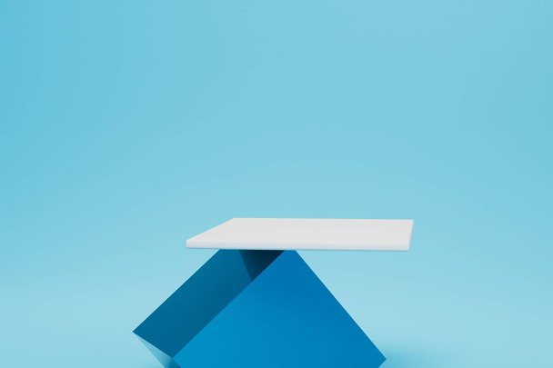 balancing on a blue cube white stand on a blue background. copy paste, copy space. 3D render. - Fotó, kép
