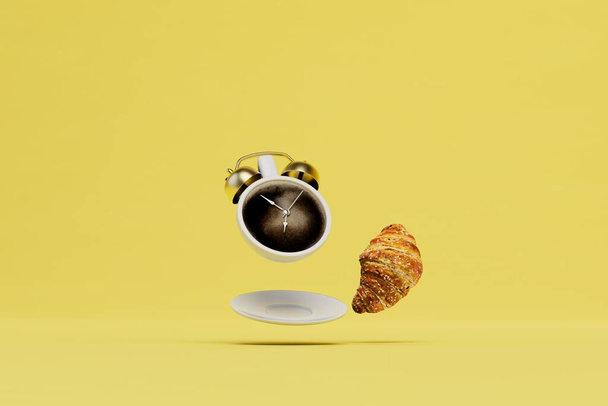 Poranna przekąska. filiżankę kawy w formie budzika i rogalika na żółtym tle. Renderowanie 3D. - Zdjęcie, obraz