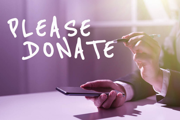Текстовый знак, показывающий, пожалуйста, пожертвовать, слово, написанное о поставке мебели Вручить грант помощи на благотворительность - Фото, изображение