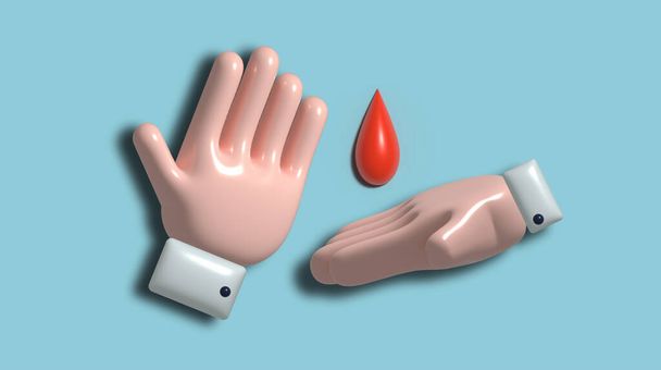 Δύο χέρια κινουμένων σχεδίων και μια κόκκινη σταγόνα αίματος σε μπλε φόντο. Δημιουργία δωρεάς, αιμοδοσία, τρισδιάστατη απεικόνιση απόδοσης - Φωτογραφία, εικόνα