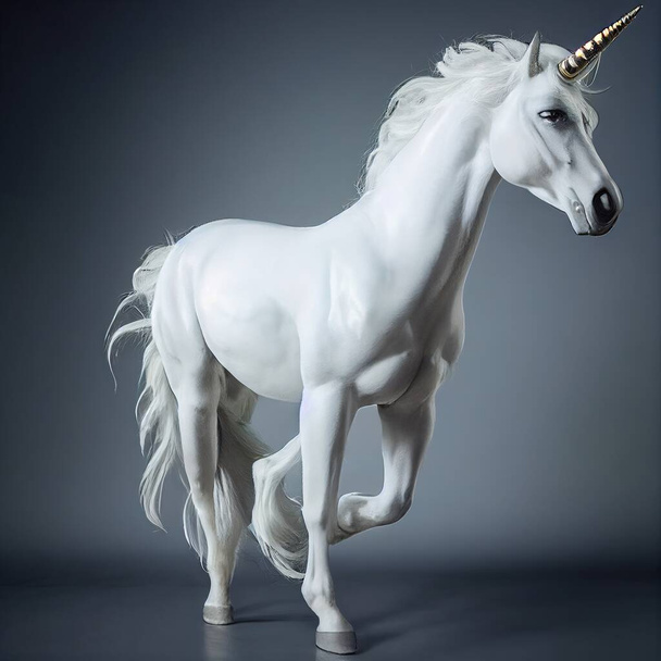 Una representación digital de un unicornio blanco en movimiento. Fondo oscuro. - Foto, imagen