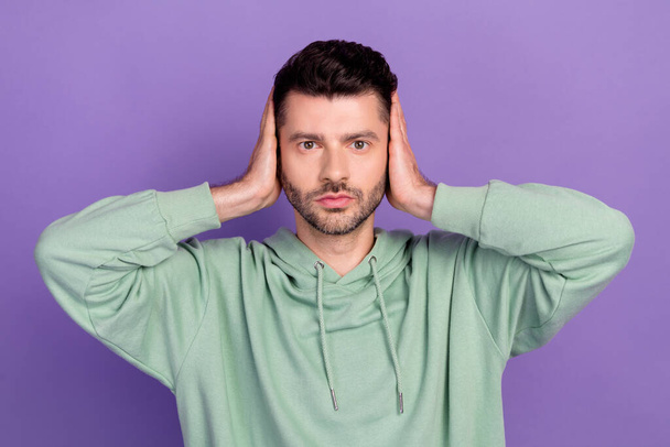Closeup photo of handsome young cute man bristle close his ears silent hate noise loud music neighbours confident isolated on purple color background. - Photo, image